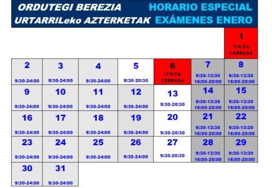 Tabla resumen del horario de enero
